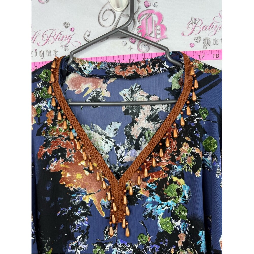 Shirt T-shirt beaded neckline Boho Floral V-Neck Tunic Top - Blue & Rust - Picture 4 of 9